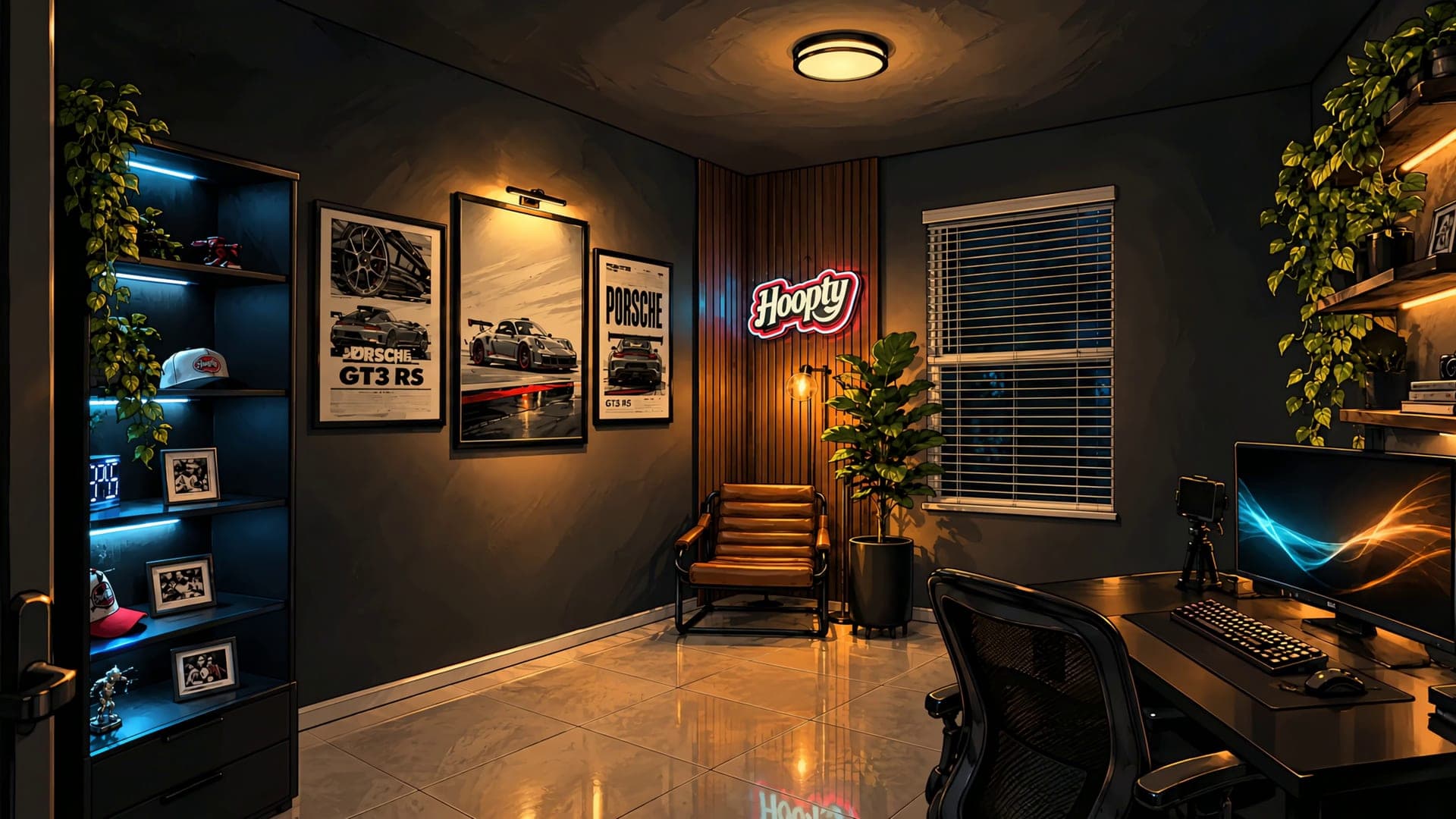Inside the Hoopty Studio office at night: lit bookshelf, Porsche posters, the neon Hoopty sign and the desk
